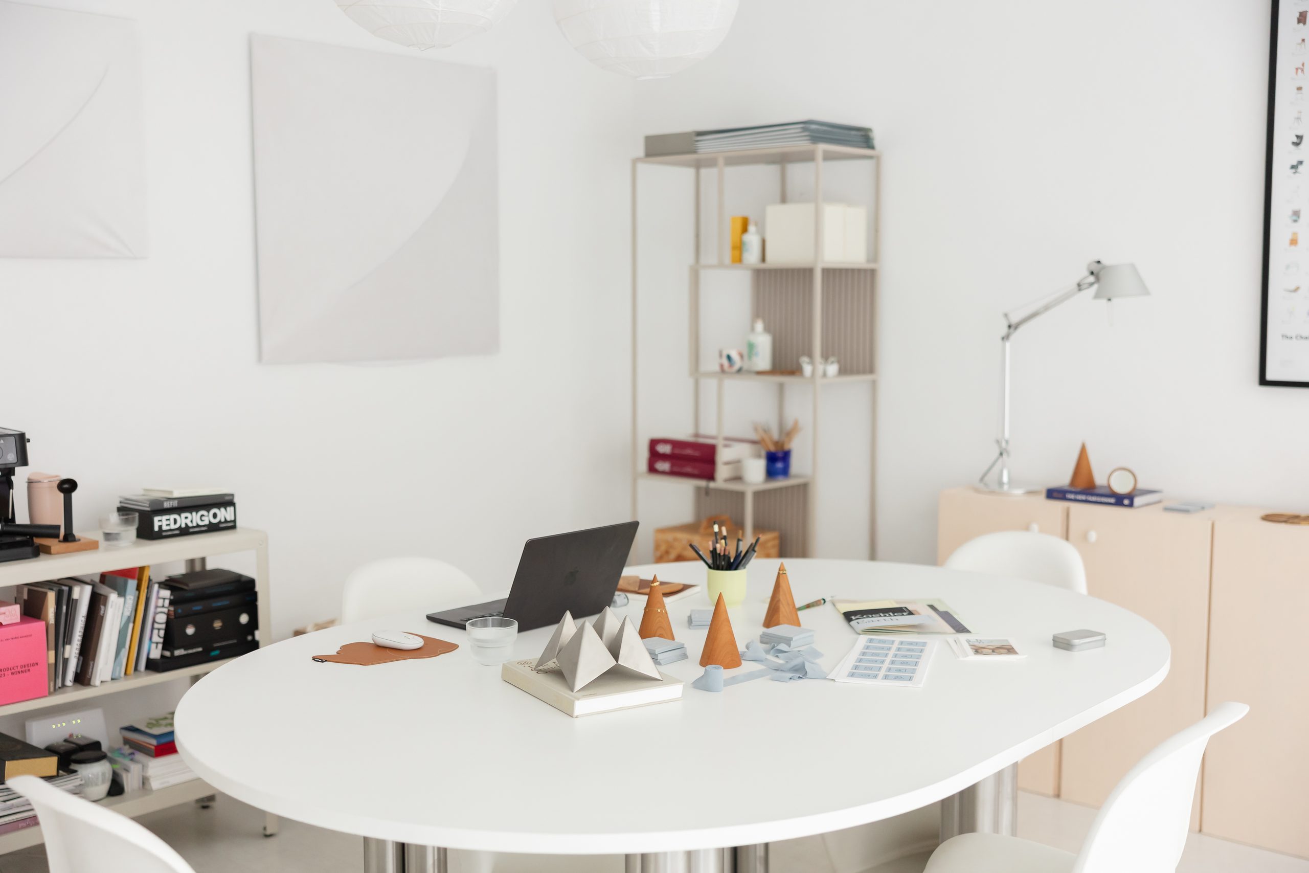 The white table in the studio
